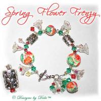 Designs by Debi Handmade Jewelry Spring Flower Frenzy Polymer Clay Florals, Swarovski Crystal Green, Yellow and Orange Bicones, Steling Silver Flower Barrel Beads and Sterling Teardrop Toggle Bracelet with Flower Dangles ~ OOAK