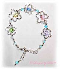 Designs by Debi Handmade Jewelry Silver Flowers and Pastel Swarovski Crystal Flowers Bracelet with Swivel Lobster Clasp and Extender Chain