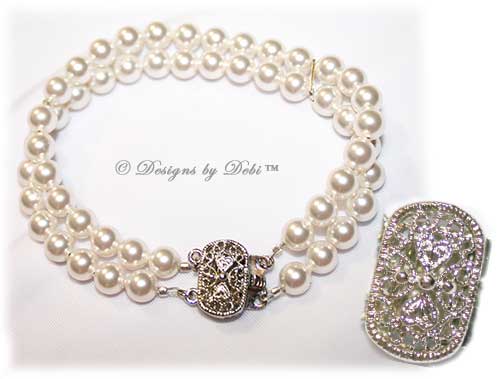 Designs by Debi Handmade Jewelry White Double Strand Swarovski Pearl Bracelet with Antique-style Tab Clasp