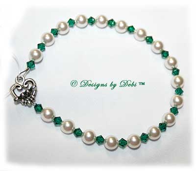 Designs by Debi Handmade Jewelry Swarovski White Pearls and Emerald Bicones Bracelet with Sterling Silver Plated Heart Toggle Clasp