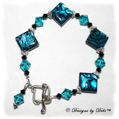 Designs by Debi Handmade Jewelry Paua Shell Diamonds, Sterling Silver & Swarovski Crystal Bracelet with Scrolled Diamond Toggle Clasp