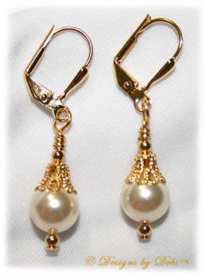 Designs by Debi Handmade Jewelry Fancy White Pearl and Gold Leverback Earrings