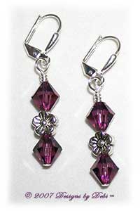 Designs by Debi Handmade Jewelry Amethyst Purple Swarovski Crystal and Silver Flowers Sterling Silver Plated Leverback Earrings