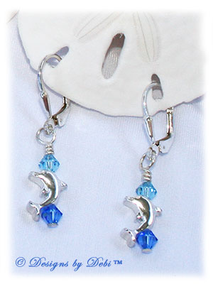 Designs by Debi Handmade Jewelry Sterling Silver Dolphins and Swarovski Sapphire Blue and Aquamarine Bicones Leverback Earrings