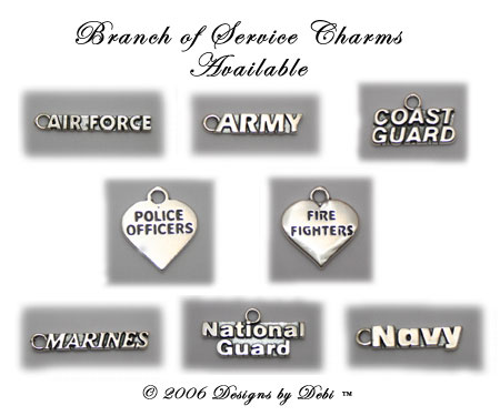 photo of the sterling silver branch of service charms for the Support Your Soldier Bracelets™ army, air force, marines, navy, coast guard, national guard, police officers, fire fighters