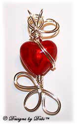 Red Silver-Lined Foil Heart Handmade Wire-Wrapped Pendant in Silver