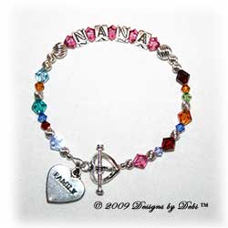 Designs by Debi Handmade Jewelry Personalized Generations Keepsake Bracelet in the Karen Style Twist bead combination with every family member's birthstone, a heart toggle clasp and Family heart charm. Grandmother's or Nana's Bracelet